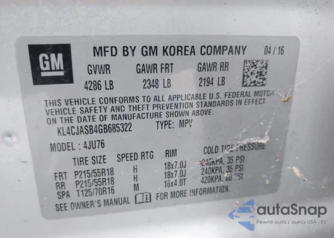 2016 Buick Encore z USA, uszkodzony, nr VIN KL4CJASB4GB685322